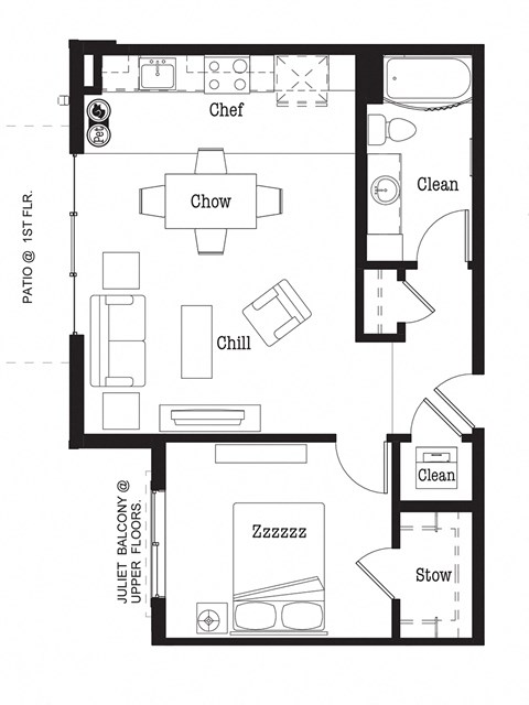 Floor plan for 1 bed, 1 bath, 785 sqft